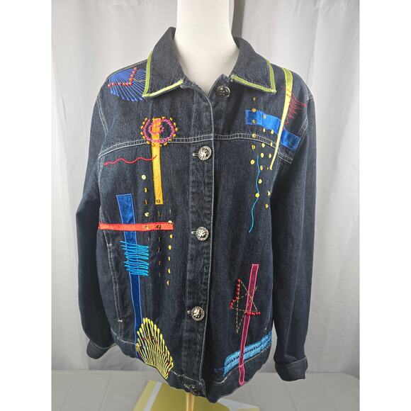Marsh Landing Womens Jean‎ Jacket Art to Wear Medium Embroidered Beaded - Picture 1 of 11